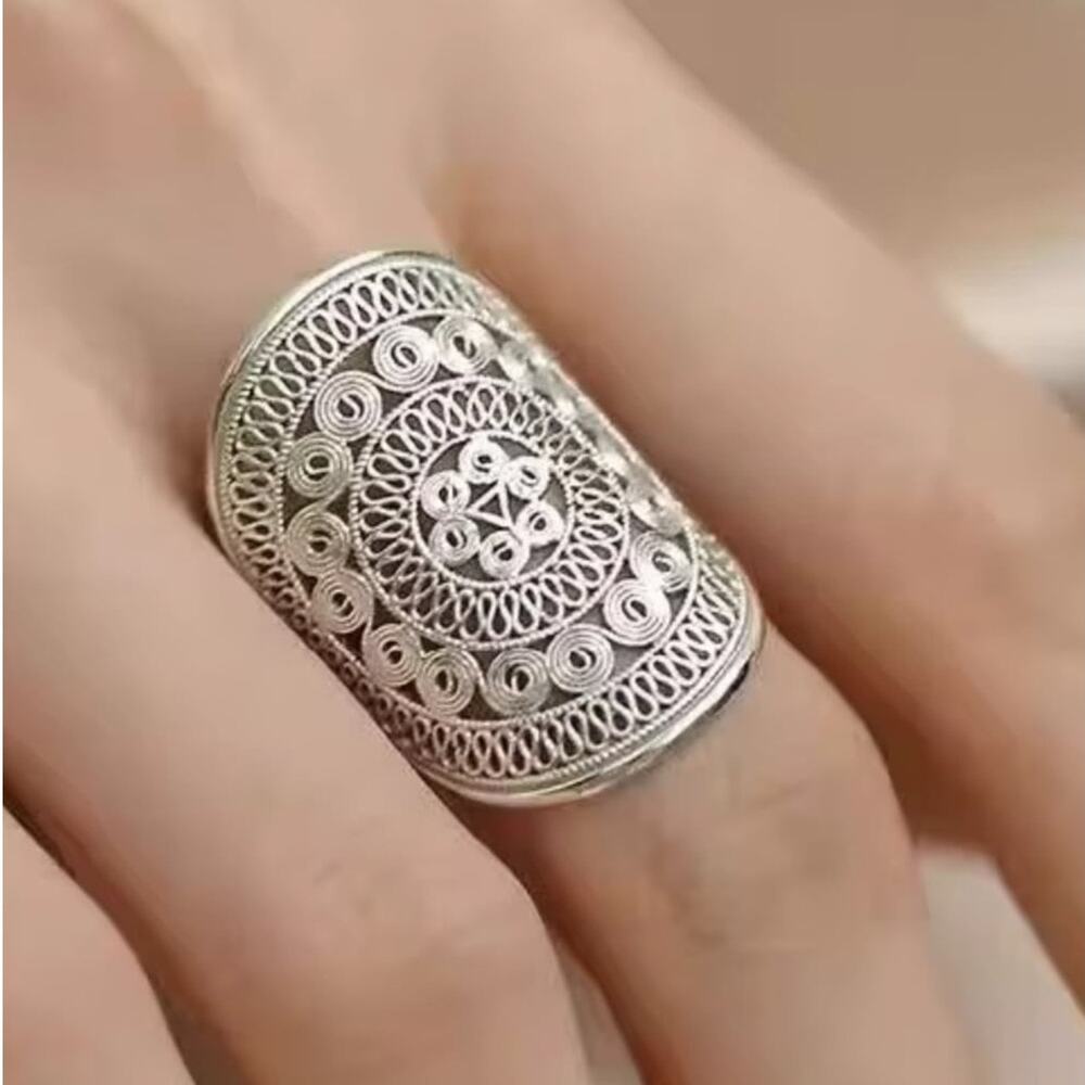 Sterling Silver Plated Adjustable Boho Filigree Statement Ring